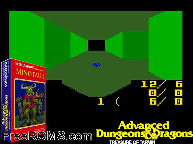 Minotaur - Treasure of Tarmin (1982)(Mattel)[h BSR] Intellivision game showing 3D box cover and gameplay screenshot